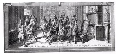 Philippe de France (1683-1746) Duke of Anjou, recognised as King of Spain by Louis XIV (1638-1715) King of France, 16th September 1700, at Versailles by French School